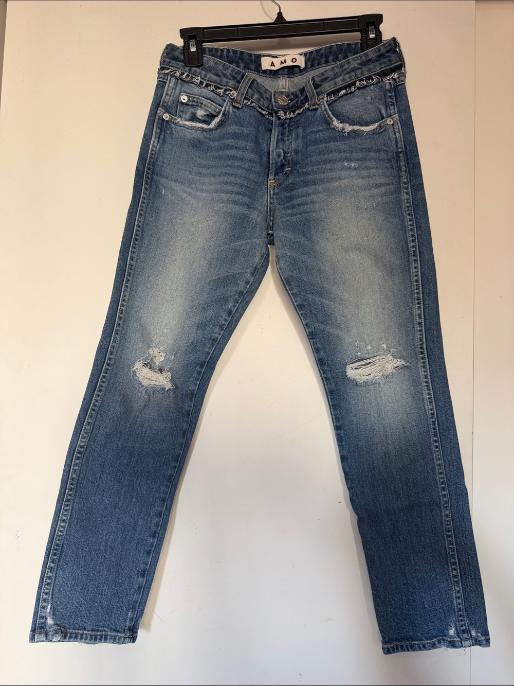 AMO Men's Light Blue Slim Straight Distressed Jeans